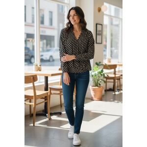 The Limited Women's Black Geometric Print Long Sleeve V Neck Blouse Top Size S‎